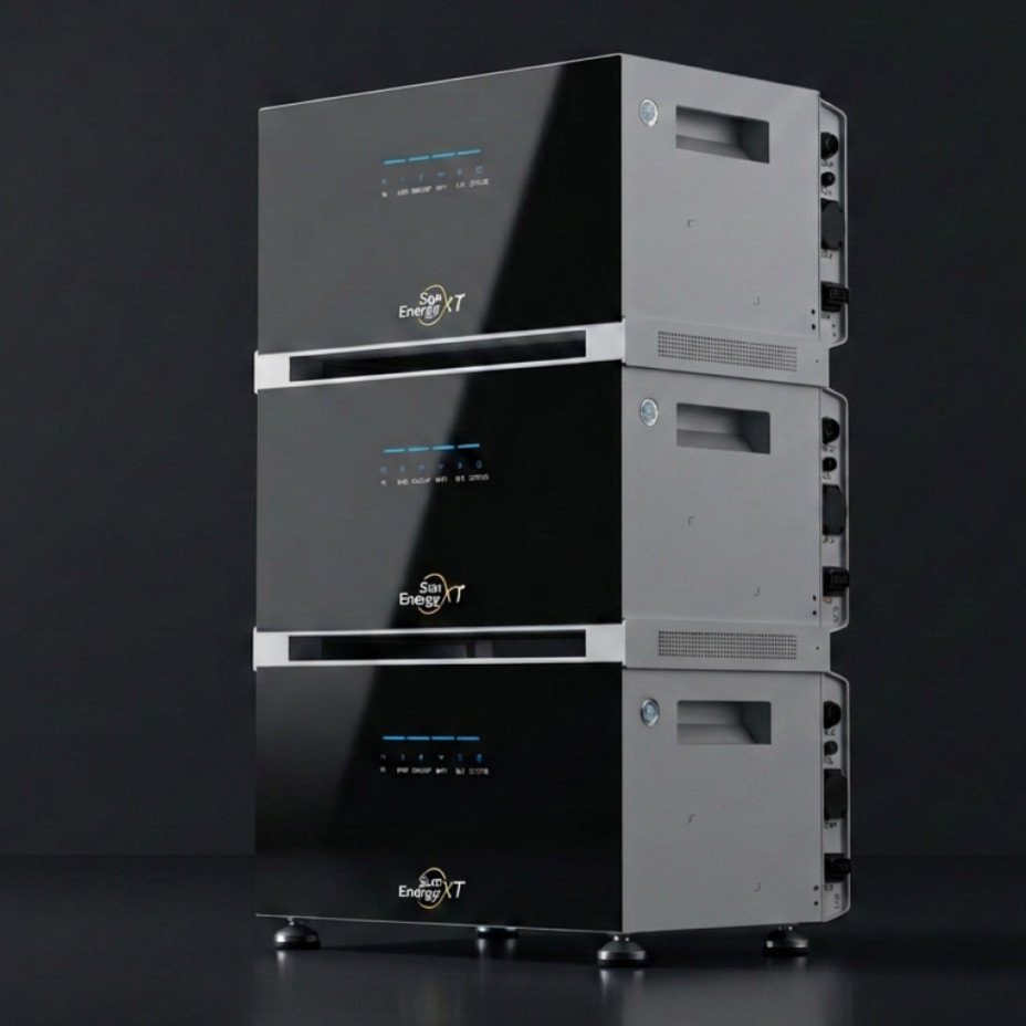 SunEnergyXT 500 PRO all-in-one unit with stacked battery modules, three-quarter view