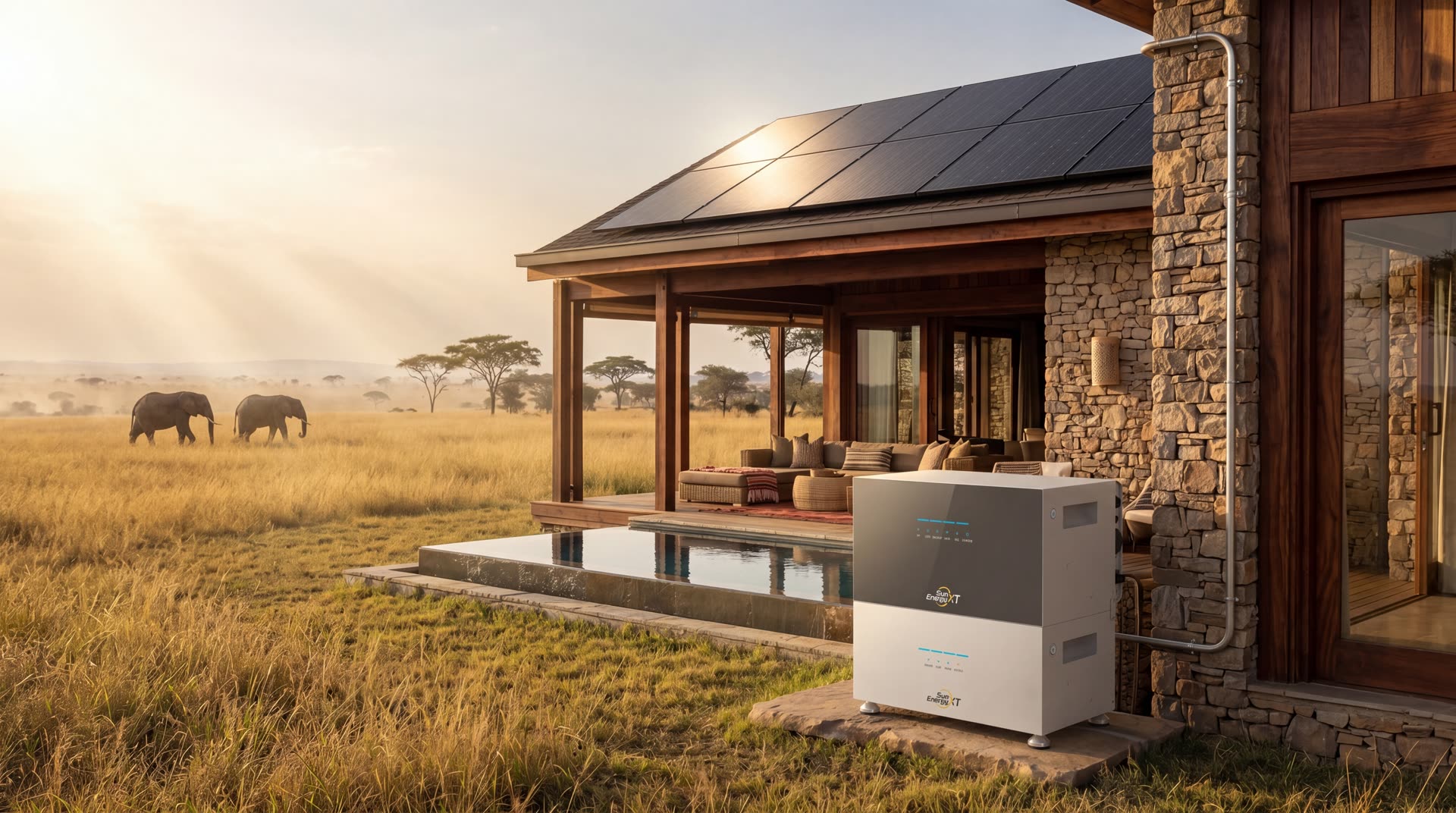 SunEnergyXT 500 PRO installed at a Tanzanian lodge with solar panels, savannah, and elephants in the distance