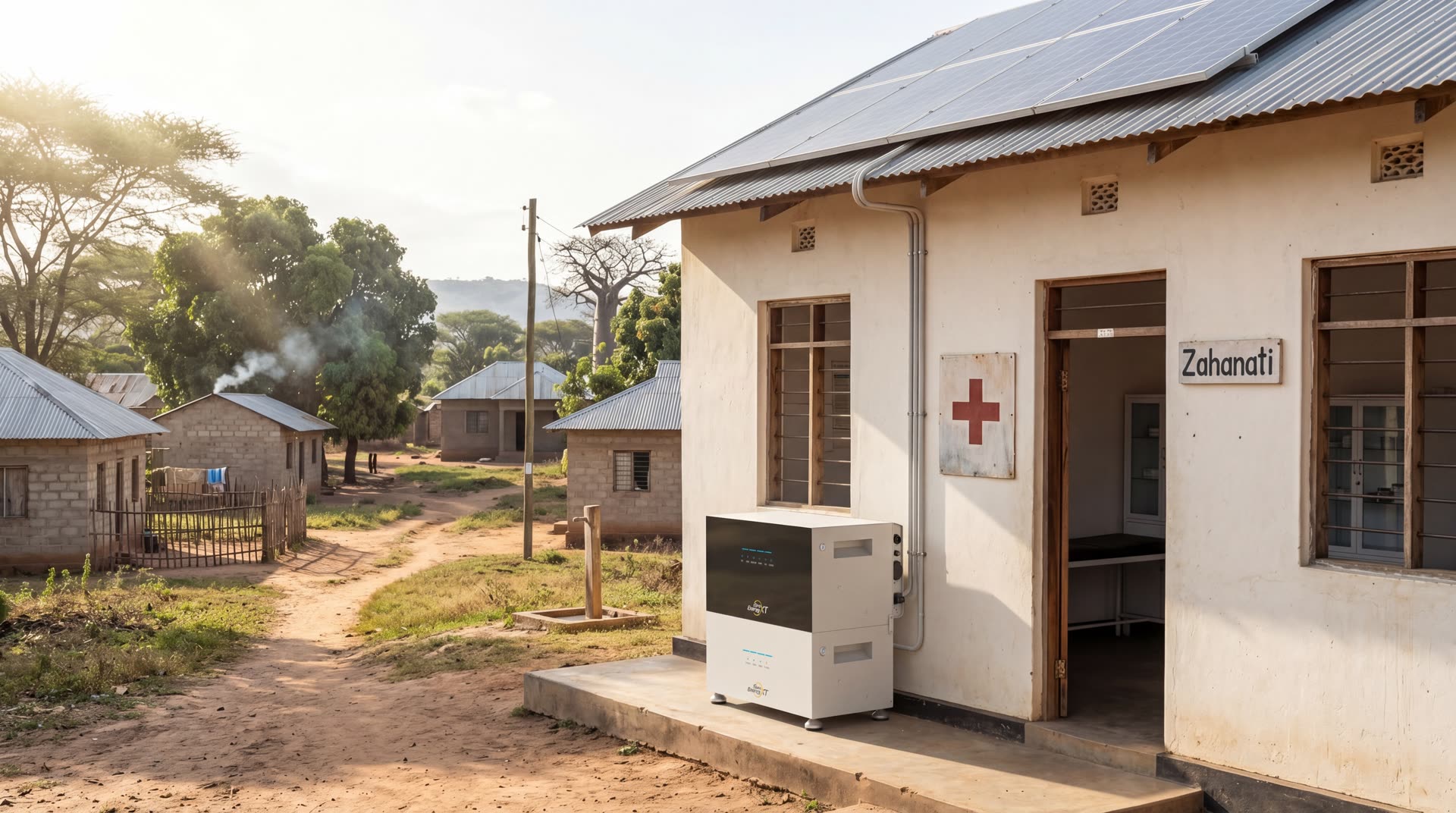 SunEnergyXT 500 PRO installed at a rural Tanzanian dispensary (Zahanati) with rooftop solar panels