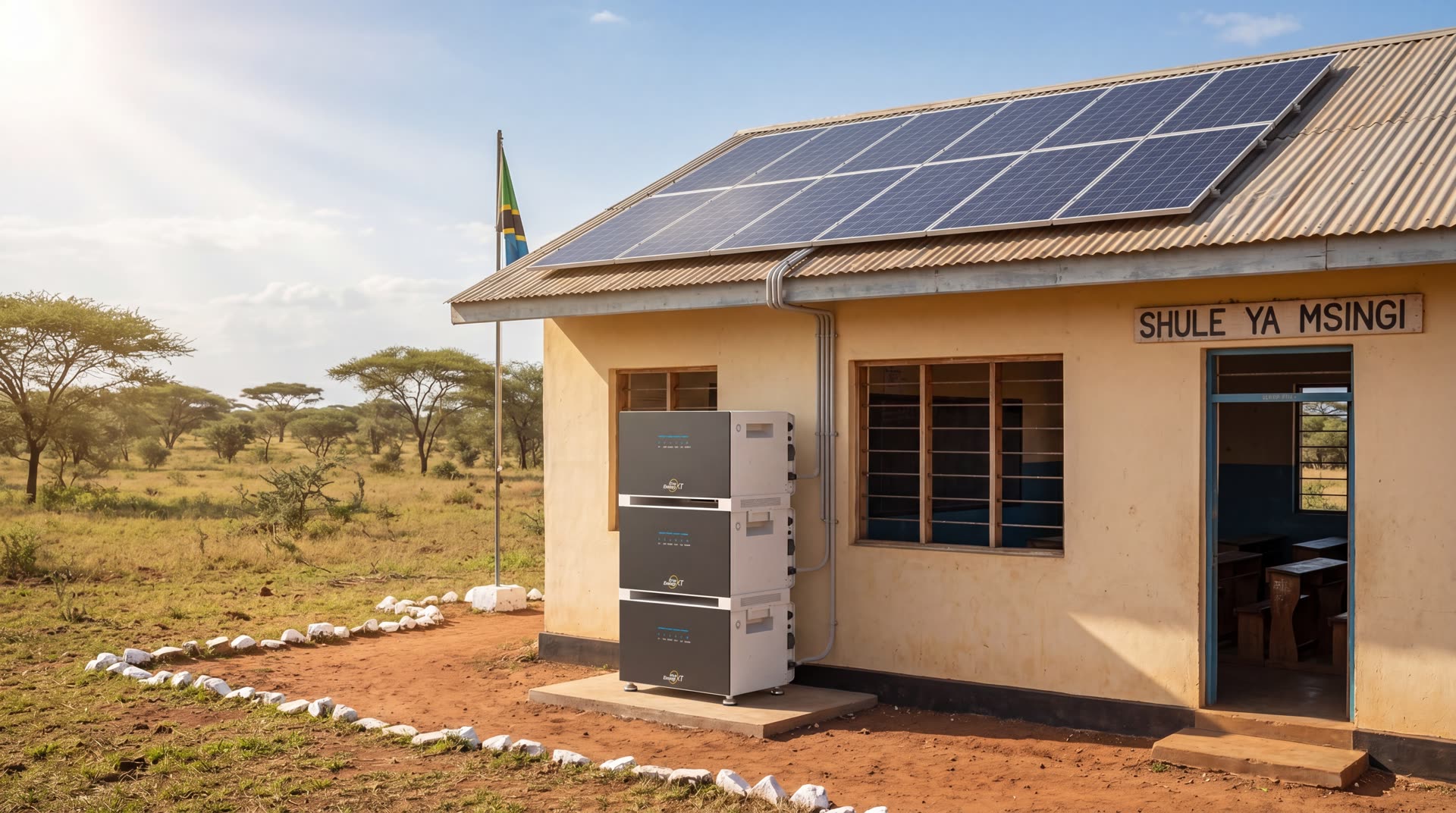 SunEnergyXT 500 PRO installed at a Tanzanian primary school (Shule ya Msingi) with rooftop solar panels and the Tanzanian flag